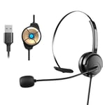 USB Single Ear Headset, PC Headphone with Microphone Noise Cancelling & Audio Controls, Call Center Computer Headset for Skype Gaming Softphone, Online Conference
