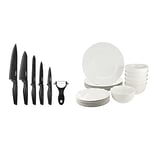 Tower Essentials Kitchen Knife Set, Stone-Coated with Stainless Steel Blades, Black, 6-Piece & Amazon Basics 18-Piece Dinnerware Set, Service for 6
