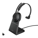 Jabra Evolve2 65 Wireless PC Headset with Charging Stand – Noise Cancelling Microsoft Teams Certified Mono Headphones With Long-Lasting Battery – USB-C Bluetooth Adapter – Black