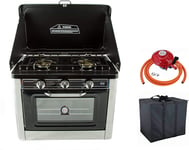 Camping Gas Oven & Hob 2 Burners Stainless Steel with Carry Case for Outdoor + Regulator Set CO-01 (Propane Gas 27mm Clip-on)