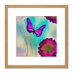 Bright Colourful Purple Emperor Butterfly With Vibrant Chrysanthemum Flowers Garden Nature Square Wooden Framed Wall Art Print Picture 8X8 Inch