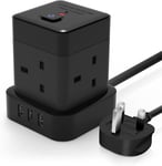 Cube Extension Lead 5M Black Baykul 4 Way Extension Plug Cable with 3 USB Ports