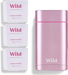 Wild - Natural Refillable Deodorant - Aluminium Free - Pink Case with 3 X Jasmin