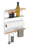 WENKO Etagère magnétique frigo, réfrigérateur, avec étagère Porte épice, dérouleur sopalin magnétique et Crochets Suspension ustensiles de Cuisine, Magna, Blanc/Bambou 33 x 34 x 8 cm