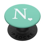 White Initial Letter N heart Monogram on Pastel Mint Green PopSockets Grip and Stand for Phones and Tablets