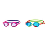 Zoggs Kids' Ripper Junior Swimming Goggles Anti-fog And UV Protection, Pink, Purple, Tint, 6-14 Years & Baby Little Flipper Swimming Goggles, Blue/Green/Orange, 0-6 Years
