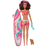 Barbie Coffret Surf Poupée Mannequin Articulée Brune, Planche De Surf, Chiot, Accessoires Thématiques, Jouet Enfant, Dès 3 Ans, HPL69