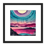 Moonrise After Sunset Landscape In Pink Teal Blue And Purple Watercolour Illustration Square Wooden Framed Wall Art Print Picture 8X8 Inch