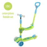 YL2SC 3 in 1 Children Scooter Trolley Foldable Cartoon Pictures Adjustable Height with LED Light Up Wheels And Rotatable Seat for Boys And Girls 3-14,Green