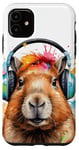 iPhone 11 Capybara Headphones Capy Colorful Animal Art Print Graphic Case