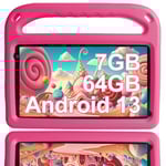 Tablette pour Enfants Android 13 FHD 7 Pouces, 7 GO RAM+64 GO ROM (TF 256 Go), WiFi 5G, Bluetooth, Éducation des Enfants, Play Store, Double Caméra, Contrôle Parental, avec Étui pour Tablette, Rose