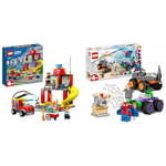 LEGO 60375 City Fire Station and Fire Engine Learning Toys for Kids 4 Plus Years Old Boys & Girls & 10782 Marvel Hulk vs. Rhino Monster Truck Showdown
