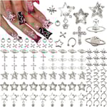 110 stjärnformade nageldekorationer för akrylnaglar, silver stjärna planet kors legering nagelkonst dekoration, nagelstenar nageljuveler Ac