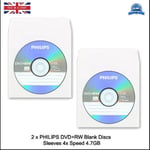 2 x Philips DVD+RW 120min 4x Speed Blank Media Discs 4.7GB Rewritable Sleeve