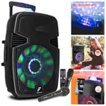 Portable Party Speaker Battery Powered, Bluetooth, 2x Microphones & Lights 12"