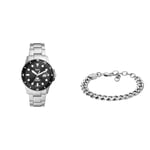 Fossil Men's Watch Blue Dive and Bracelet, Silver Stainless Steel, Set