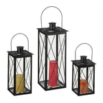 Relaxdays - Lot de 3 lanternes, décoration intérieur et extérieur, 3 tailles, métal, verre, lampion pour bougies, noir