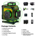 Niveau laser 16 lignes vert 360° Haute précision, auto-nivellement, puissant, rechargeable, multifonction, compact, sans fil, utilisation intérieure/extérieure, accessoires inclus
