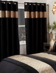 Rapport Capri Eyelet Ring Top Header Curtain Pair Black Gold 66x72 Velvet