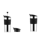 BODUM Travel French Press Coffee Maker Set, Stainless Steel with Extra Lid, Vacuum, 0.35 L/12 oz, Black & 11068-01 Vacuum Travel Mug, 0.35 L - Small, Black, S (Pack of 1)