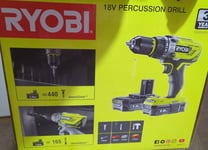 RYOBI 18V PERCUSIION - COMBI DRILL WITH 2 BATTERIES, CHARGER AND CARRY CASE R18