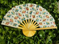 Handheld Fan - Folding Bamboo Fan - Thai Elephant Cotton Fabric - Cream