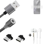 Magnetic charging cable + earphones for Motorola Edge 30 Neo + USB type C a. Mic