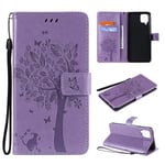 LMFULM® Case for Samsung Galaxy A12/M12 SM-A125/M127 (6.5 Inch) PU Leather Cover Magnetic Wallet Case Phone Protective Case Embossing Tree and Cat Stent Function Flip Case Lavender