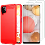 AOYIY For Samsung Galaxy A12 Case With Screen Protector, Soft Slim Flex TPU Silicone Case + [2 PACK] HD Tempered Glass Screen Protector For Samsung Galaxy A12 (Red)