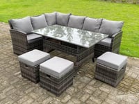 High Back Rattan Corner Sofa Set Outdoor Furniture Rectangular Dining Table 3 Small Footstools 9 Seater