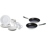 Amazon Basics Dinnerware Set, Service for 4, 16-Piece+Amazon Basics 2 Piece Stainless Steel Induction Frying Pan Set, 24 cm and 28 cm, Non Stick, with Soft Touch Handle, PFOA&BPA Free