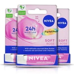 3x Nivea Soft Rose Caring Long Lasting Moisture Lip Balm 4.8g