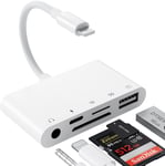 Adaptateur Lecteur Carte SD pour iPhone, Adaptateur 5 en 1 avec Transfert Données USB + Casque Jack 3,5mm Adaptateur + Adaptateur Lecteur de Carte SD/TF pour iPhone 14/14Pro/14ProMax13/12/11/X/8/Pad