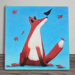 Fox & Bird Ceramic Tile Picture Plaque Sign Foxy Tails Art Alisa Black 20x20cm