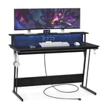 VASAGLE Bureau Gaming avec LED et Multiprise, Table Gamer, Bureau Informatique avec Rehausseur d’Écran, pour 2 Ordinateurs, pour Chambre, 55 x 135 x 76 cm, Noir Boisé LWD117B01
