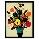 Bright Autumnal Flower Bouquet Vase Midcentury Style Painting Abstract Yellow Orange Red Teal Art Print Framed Poster Wall Decor 12x16 inch
