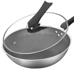 ZLASS 12.5 Inch Stainless Steel Wok, Non-Stick Pan With Glass Lid And Anti-Scald Handle, Non-Scratch And Easy-To-Clean Kitchen Non-Stick Pan