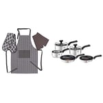 Tefal 5 Piece, Comfort Max, Stainless Steel, Pots and Pans, Induction Set with Penguin Home Apron, Double Oven Glove and 2 Kitchen Tea Towels Set - Grey
