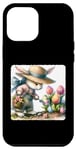 Coque pour iPhone 15 Plus Écusson motif lapin de Pâques avec chapeau de paille