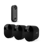 Arlo Pro4 Smart Home Security Camera CCTV 3 camera system and Wireless Video Doorbell bundle - black, With 90-day free trial Arlo Secure Plan