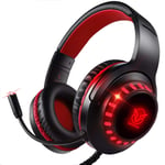 Pro Stereo Gaming Headset for PS4 PC Xbox One S X Nintendo Switch Controller & PC Laptop Mac, Noise Cancelling Over Ear Wired Headphones with Mic, LED Light (Black red)