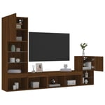 Tv-møbel til væg 4 dele med LED-lys konstrueret træ brunt eg