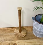 Rustic Mango Wood Kitchen Roll Holder Hearts Embossed Round Base Top Heart Stand
