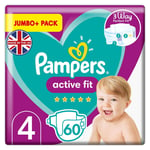Pampers Baby Nappies Size 4 (15+ kg / 33 lbs), Active Fit, 60 Count, JUMBO+ PACK