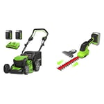 Greenworks GD24X2LM46SPK4X Lwan Mower, 24Vx2 Mower 46 cm Cutting Width with 55 L Grass Catcher Box and 7-fold Central Cutting Height Adjustment + 24V Shear-shrubber 2-in-1 + 2Ah Battery + Charger
