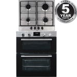 SIA 60cm Stainless Steel Built Under Double Electric Oven & 4 Burner Gas Hob