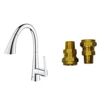 GROHE Zedra & UK Adaptors – Pull Out Kitchen Sink Mixer Tap (High C-spout, 3 Spray, 35mm Ceramic Cartridge, 360° Swivel Range, Magnetic Docking, Water Saving Technology), Size 401mm, Chrome, 32294002