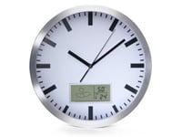 Perel Horloge Murale, Rond, analogique, 25 cm, écran LCD avec thermomètre, hygromètre et provisions météo, Aluminium, Argent