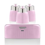 Swan Retro Bread Bin and Set of 3 Tea Coffee and Sugar Canisters Set In Pink