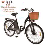 DYU C6 Elcykel 36V12.5AH Litiumbatteri 350W Borstlös Motor 26 Tums Däck Dubbla Skivbromsar Elcykel För Vuxen- svart